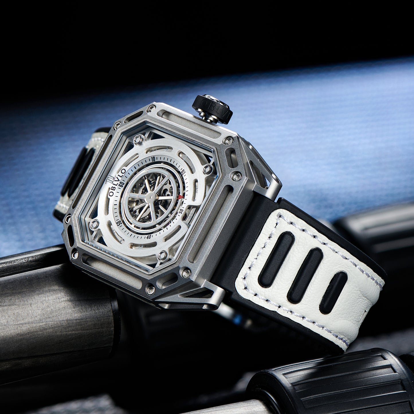【OBLVLO】Mechanic Series Automatic Skeleton Wristwatch with Rubber Strap - White
