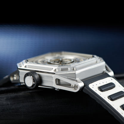 【OBLVLO】Mechanic Series Automatic Skeleton Wristwatch with Rubber Strap - White