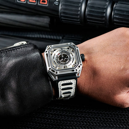 【OBLVLO】Mechanic Series Automatic Skeleton Wristwatch with Rubber Strap - White