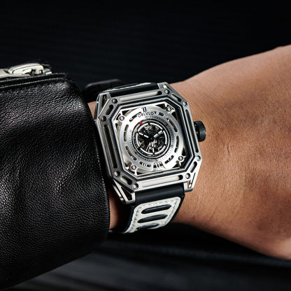 【OBLVLO】Mechanic Series Automatic Skeleton Wristwatch with Rubber Strap - White