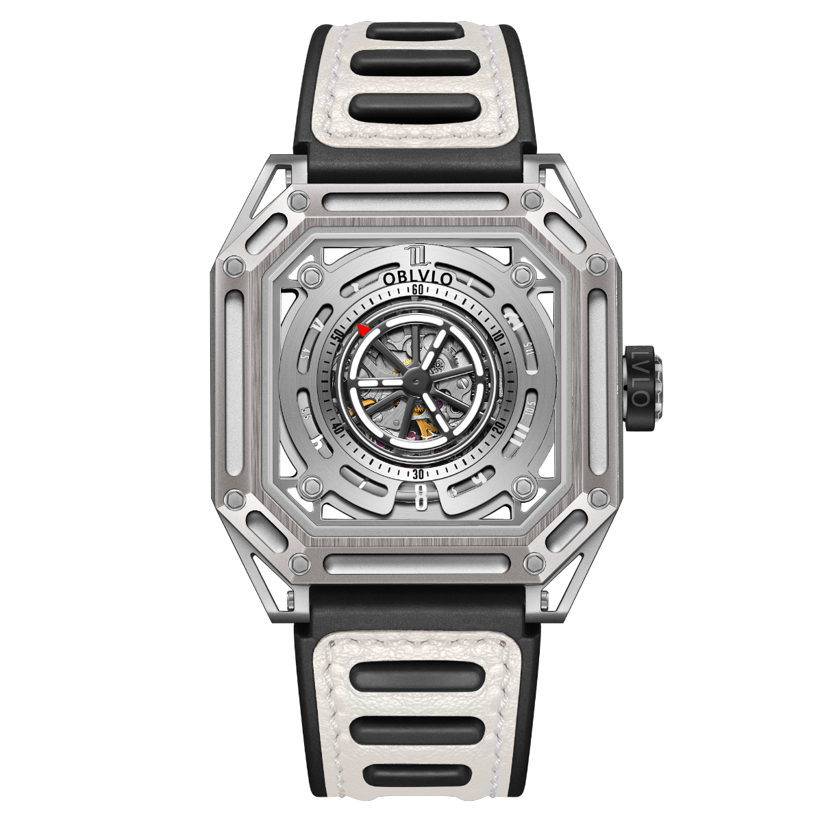 【OBLVLO】Mechanic Series Automatic Skeleton Wristwatch with Rubber Strap - White