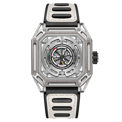 【OBLVLO】Mechanic Series Automatic Skeleton Wristwatch with Rubber Strap - White