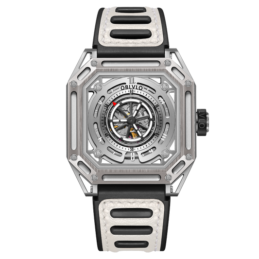 【OBLVLO】Mechanic Series Automatic Skeleton Wristwatch with Rubber Strap - White