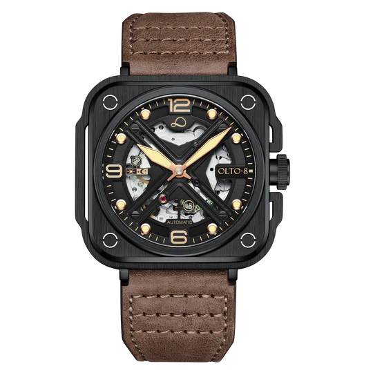 【OLTO-8】IRON-X Square Skeleton Automatic Watch Brown