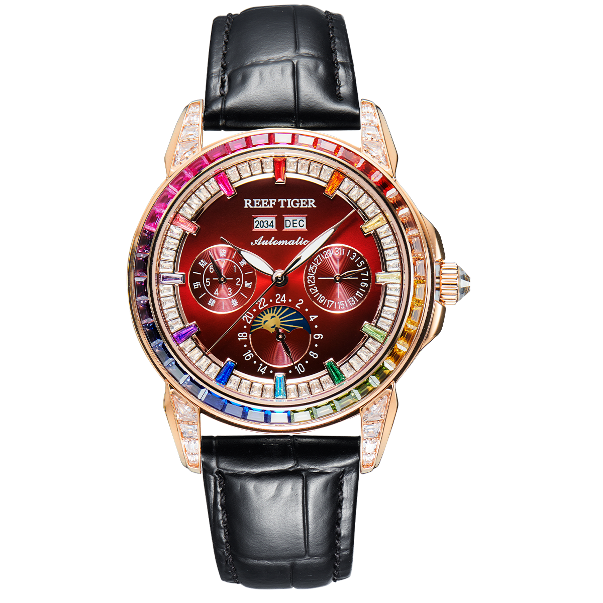 【Reef Tiger】Diamond bezel Moon phase Automatic Watch RGA1988-D-PCRBL