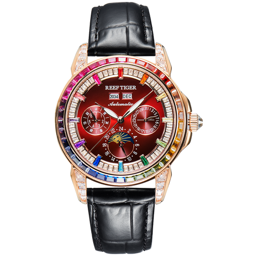 【Reef Tiger】Diamond bezel Moon phase Automatic Watch RGA1988-D-PCRBL