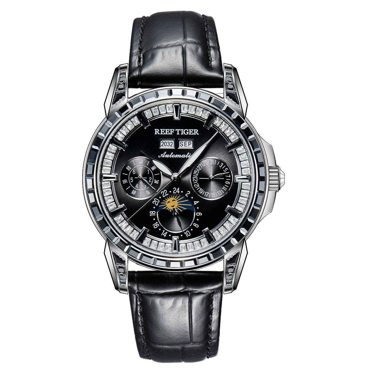 【Reef Tiger】Diamond bezel Moon phase Automatic Watch RGA1988-D-YBBL