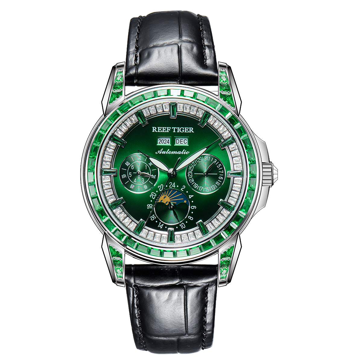 【Reef Tiger】Diamond bezel Moon phase Automatic Watch RGA1988-D-YGGBL