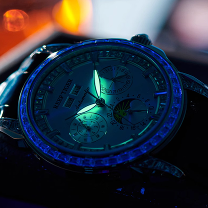 【Reef Tiger】Diamond bezel Moon phase Automatic Watch RGA1988-D-YLLL