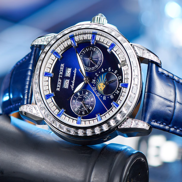 【Reef Tiger】Diamond bezel Moon phase Automatic Watch RGA1988-D-YLLL