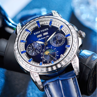 【Reef Tiger】Diamond bezel Moon phase Automatic Watch RGA1988-D-YLLL