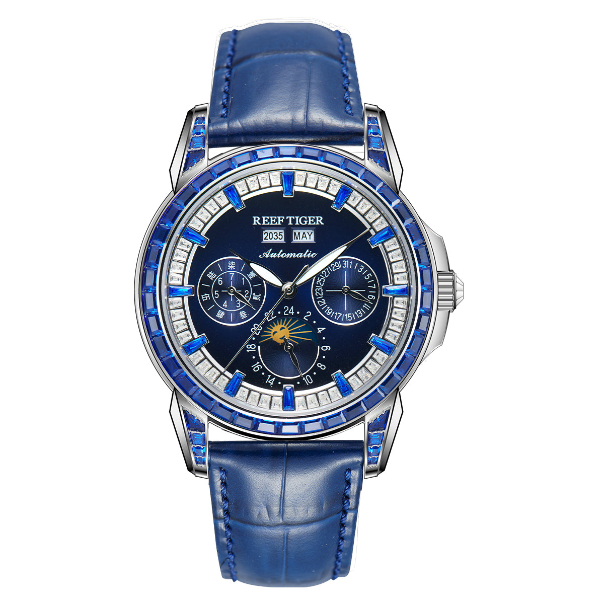 【Reef Tiger】Diamond bezel Moon phase Automatic Watch RGA1988-D-YLLLL