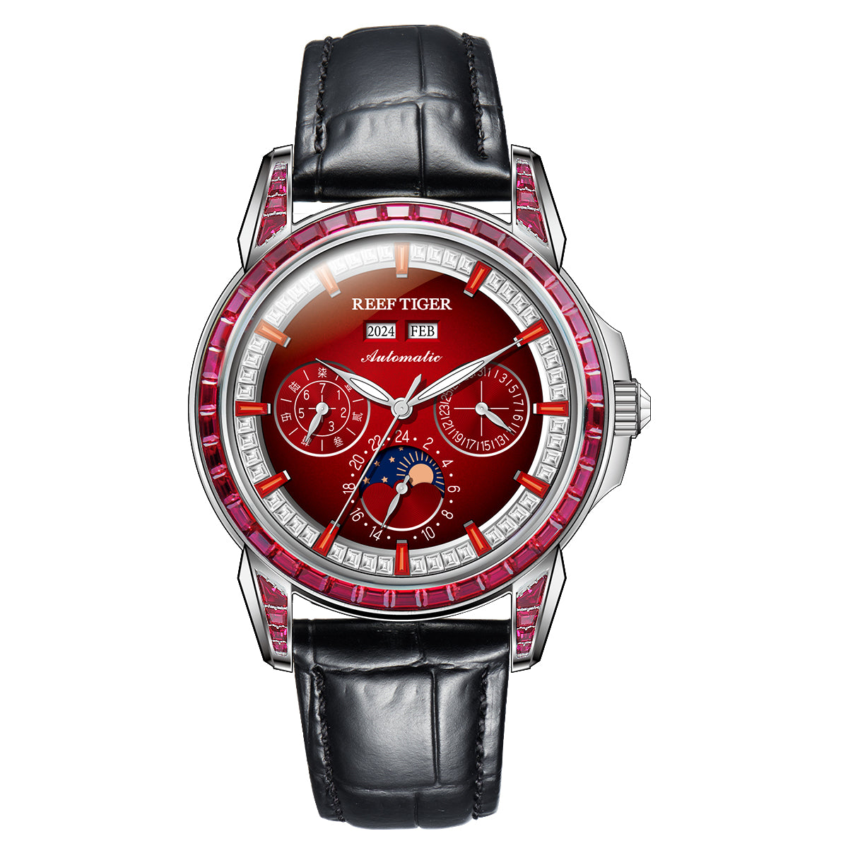 【Reef Tiger】Diamond bezel Moon phase Automatic Watch RGA1988-D-YRBL
