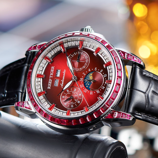 【Reef Tiger】Diamond bezel Moon phase Automatic Watch RGA1988-D-YRBL