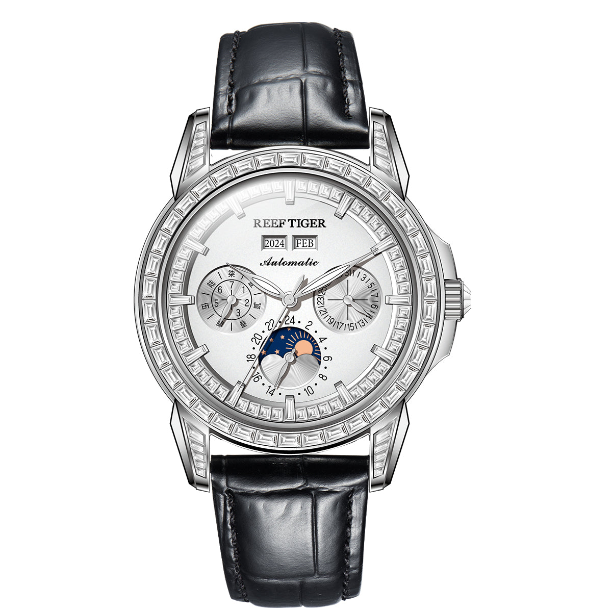 【Reef Tiger】Diamond bezel Moon phase Automatic Watch RGA1988-D-YWBL
