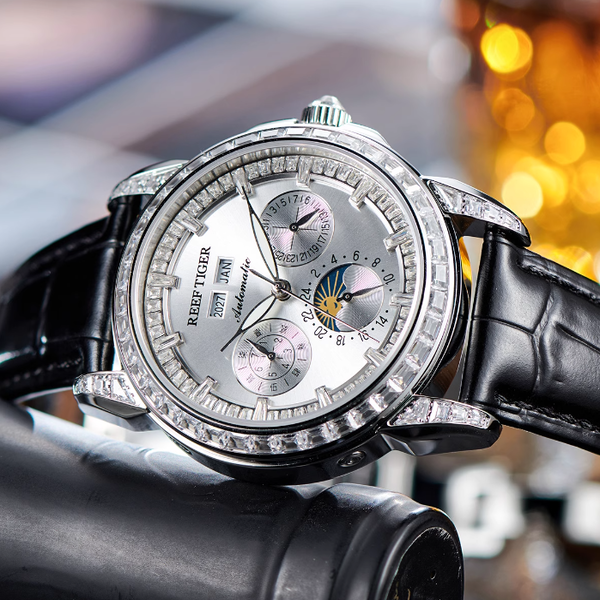 【Reef Tiger】Diamond bezel Moon phase Automatic Watch RGA1988-D-YWBL