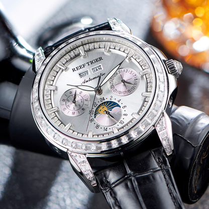 【Reef Tiger】Diamond bezel Moon phase Automatic Watch RGA1988-D-YWBL