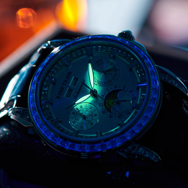 【Reef Tiger】Diamond bezel Moon phase Automatic Watch RGA1988-D-YWBL